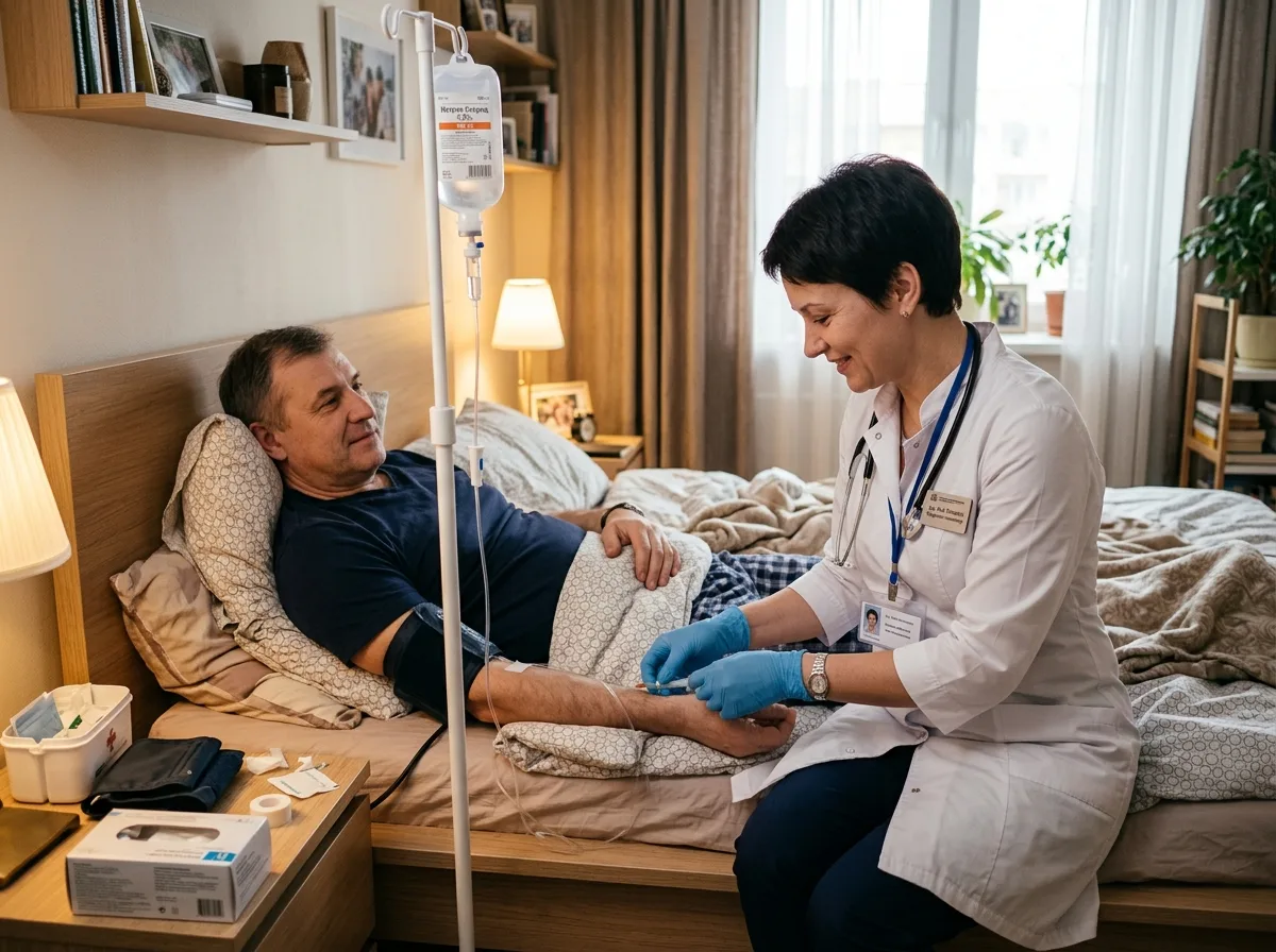 Врач-нарколог в белом халате устанавливает капельницу пациенту дома — уютная спальня, профессиональное медицинское оборудование, спокойная атмосфера помощи